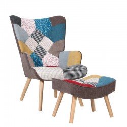 Πολυθρόνα Μπερζέρα Με Υποπόδιο ArteLibre BRIAR Patchwork Ύφασμα/Ξύλο 73x69x96cm