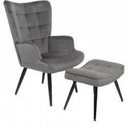 Πολυθρόνα Μπερζέρα Με Υποπόδιο ArteLibre LENNOX Γκρι Βελούδο/Ξύλο 96x68x73cm