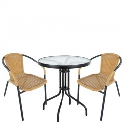 Σετ Τραπεζαρία Κήπου ArteLibre EARTH Μαύρο/Μπεζ Μέταλλο/Rattan/Γυαλί Με 2 Πολυθρόνες 14990484