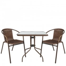Σετ Τραπεζαρία Κήπου ArteLibre MARS Καφέ Μέταλλο/Rattan/Γυαλί Με 2 Πολυθρόνες 14990485